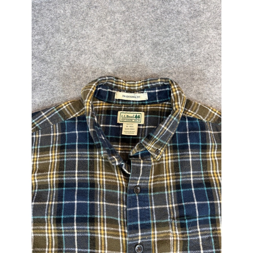 VTG LL Bean Button Down Shirt Mens Medium Plaid Blue Tan 90s Cotton Flannel